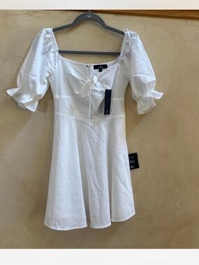 Lulu's White Puff-Sleeve Tie-Front Mini Dress